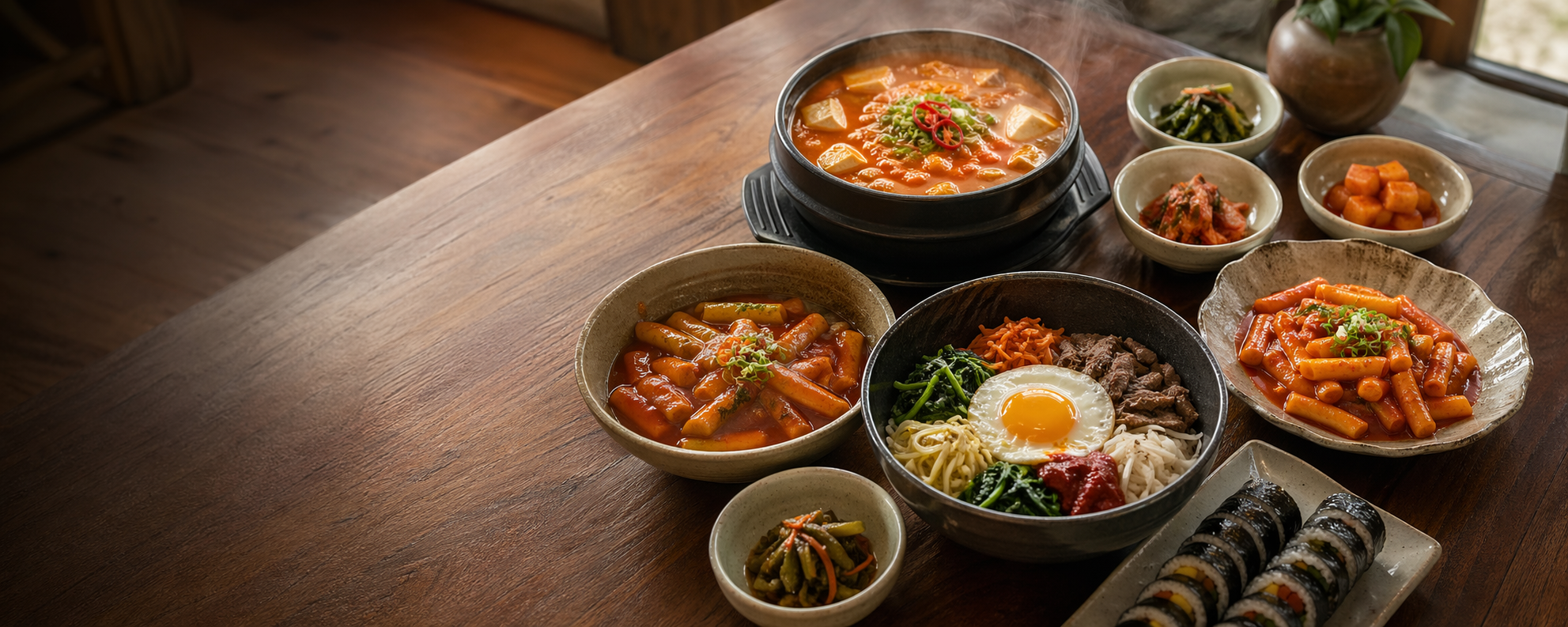 김치찌개, 비빔밥, 떡볶이, 김밥이 놓인 따뜻한 한식 상차림